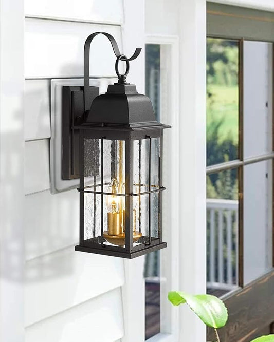 Zeyu Exterior Porch Light Fixtures, 17 inch Outdoor Wall Sconce for House in Black and Gold Finish with Seeded Glass Shade, 20071B2