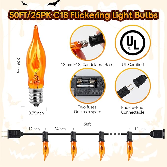 Year-Round Cozy Glow, 50Ft Outdoor Flickering Flame String Lights with 25 E12 Vintage Bulbs, Heavy-Duty | Lumora