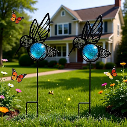 Hummingbird Solar Lights Outdoor Decorations, 2 Pack Metal Iron Solar Stake Lights for Yard, Garden, Lawn Decor