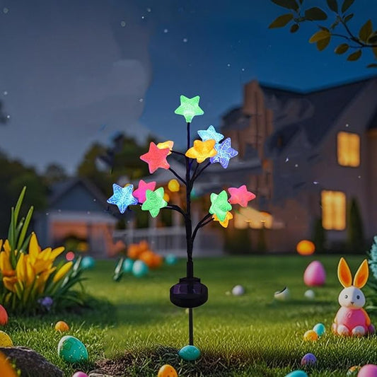 2 Pcs Solar Lights with Star Shape, Solars Garden Light with 2 Lighting Modes, Solar Stake Lights Outdoor Waterproof, Easter Decorations, Decorative Light for Garden Yard Lawn Pathway