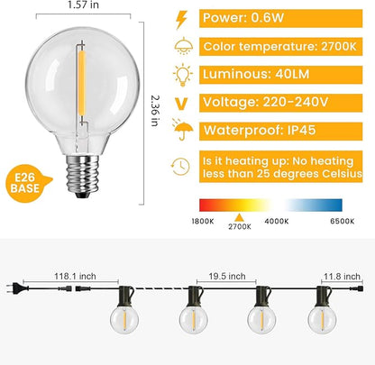 Outdoor String Lights 50FT,G40 25+1 Bulbs String Lights for Outside - 2700K Warm White, 25000H Long Life, IP45 Waterproof & Shatterproof, Mains Powered Garden Lights for Gazebo/Patio