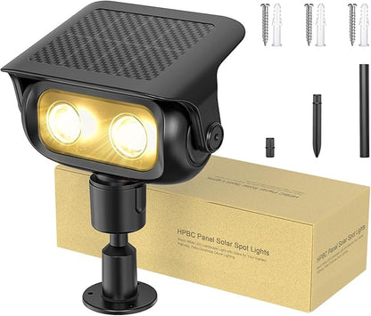 Solar Spot Lights Outdoor Waterproof IP67, Warm White Landscape Lighting with 2 Brightness Mode, Fast-Charge HPBC Panel, Spotlights for Yard, Garden, Pathway