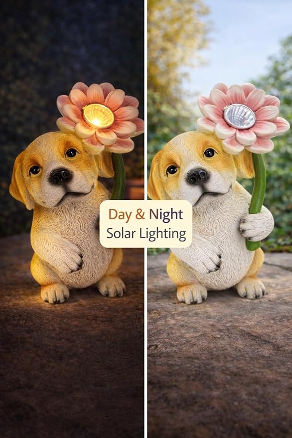 Solar Dog Garden Statue with LED Flower – Hand-Painted Resin Puppy Figurine, Solar Powered Outdoor Garden Decor, Auto On/Off Yard Light Gift (Puppy)
