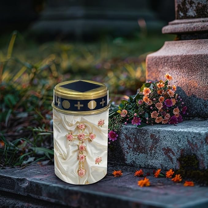 Cross Rose Print Solar Light for Cemetery Waterproof Solar Garden Lights Landscape Path Lights Waterproof LED Solar Cemetery Light Memorial Grave Solar Light