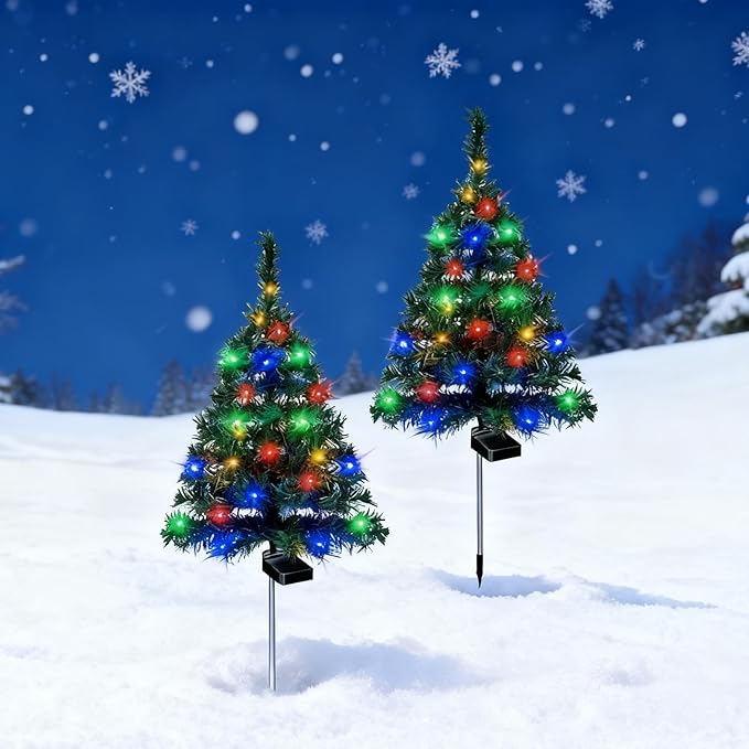 Solar Christmas Tree Lights Holiday Decorations, 29.5" Christmas Lights Outdoor Waterproof with 20 LED, Pathway Christmas Lights for Courtyards, Gardens, Lawns, Small Path Lights (Style-A, 2 Item)