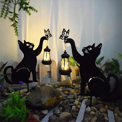 Garden Solar Cat Stake, Waterproof Landscape Path Lights,Metal Cat and Butterfly Decor Solar Garden Lights, Solar Laser Cut Cat Silhouette Stake for Outdoor Patio Yard Decorations