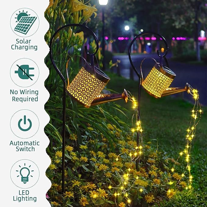 HUYIENO 2Pack Solar Garden Lights Outdoor Hanging Solar Lantern Watering Cans with Shepherd Hook for Patio Yard | Lumora