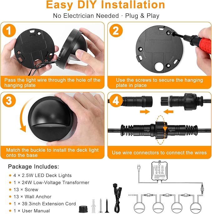 Low Voltage LED Deck Lights Kit with Transformer, Dusk-to-Dawn Outdoor Step Lights Waterproof IP67, Warm White | Lumora