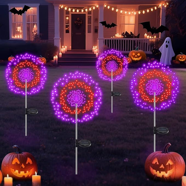4 Pack Solar Halloween Lights Outdoor, 720 LED Orange & Purple Solar Firework Lights with 8 Lighting Modes | Lumora