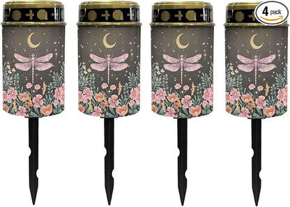 Poceacles Outdoor Cemetery Grave Decor - Solar Memorial Lights - Waterproof Stake Lights - Grave Markers, Pink Dragonfly Flower Moon, Pack of 4