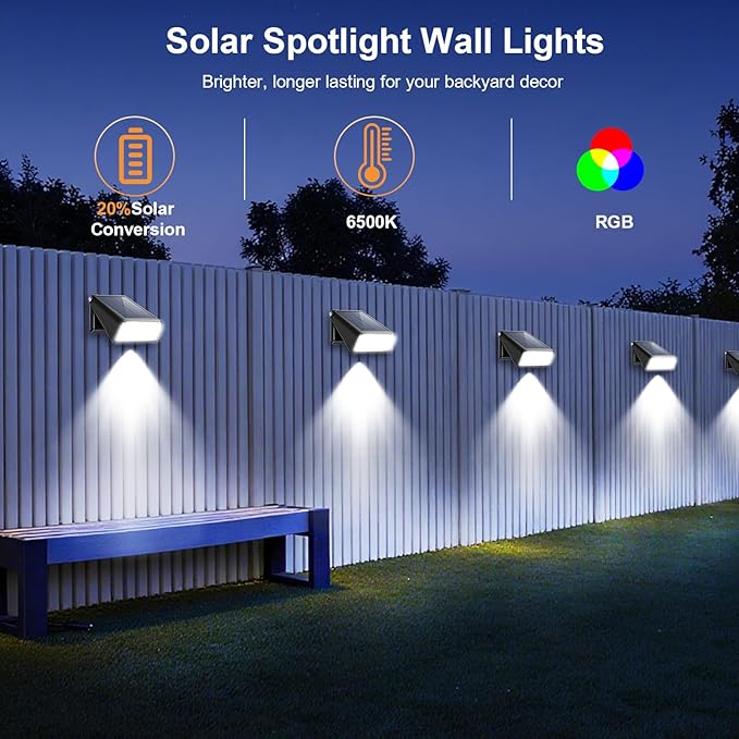 Solar Fence Lights Outdoor, Solar Wall Lights 6-Mode Colors ＆ Color Changing Modern Solar Powered Deck Lights for Halloween Step Stair Patio Backyard Porch Railing Decor.(4 Pack).
