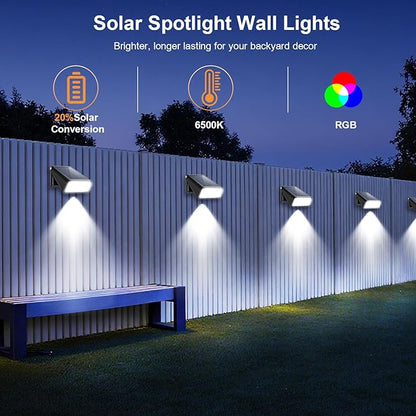 4 Pack Solar Fence Lights Outdoor, RGBW Halloween/Christmas Solar Lights 90°Adjustable Waterproof Up and Down Lighting Solar Powered for Garden/Pool/Patio/Wall.