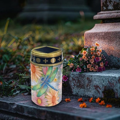 Outdoor Solar Garden Lights,Waterproof Solar Outdoor Lights for Cemetery Grave Garden Patio Yard Lawn Decoration-Dragonfly Print