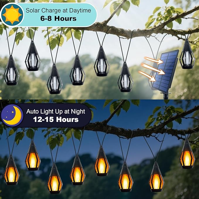 21Ft Solar String Lights Outdoor Waterproof Solar Powered Patio Lights with 10 Flickering Flame Light Bulbs Hanging | Lumora