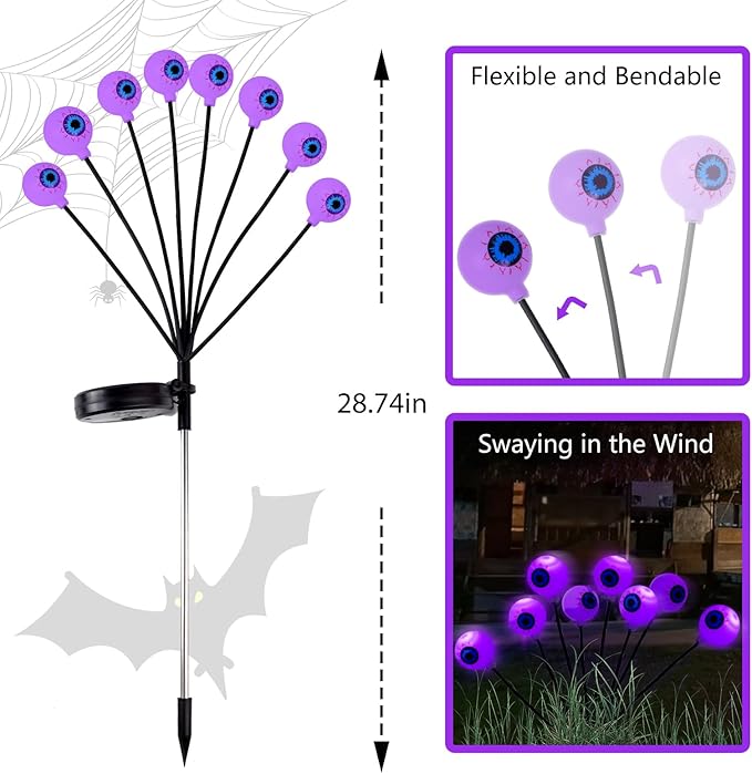 4 Pack Halloween Decorations Outdoor Lights - 32LED Solar Scary Eyeball Pathway Light Swaying by Wind, Waterproof Solar Halloween Stake Lights for Garden Porch Lawn Pathway (Purple)