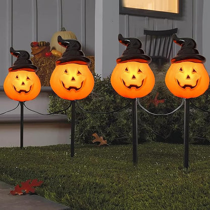 Halloween Hooded Pumpkin Pathway Lights Outdoor, 7Ft C7 Outdoor Halloween Decorations Pathway String Lights with 4 Jack O Lantern Pumpkin Stakes Lights for Garden Yard Walkway Lawn Party Driveway