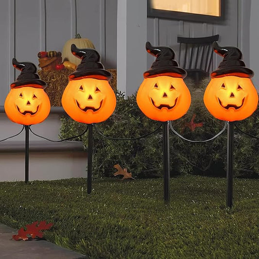 Halloween Hooded Pumpkin Pathway Lights Outdoor, 7Ft C7 Outdoor Halloween Decorations Pathway String Lights with 4 Jack O Lantern Pumpkin Stakes Lights for Garden Yard Walkway Lawn Party Driveway