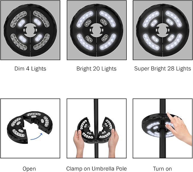 Rechargeable Patio Umbrella Light with 3 Brightness Modes - Battery-Operated LED Outdoor Lighting with USB Charging Cord by Pure Garden (Black)