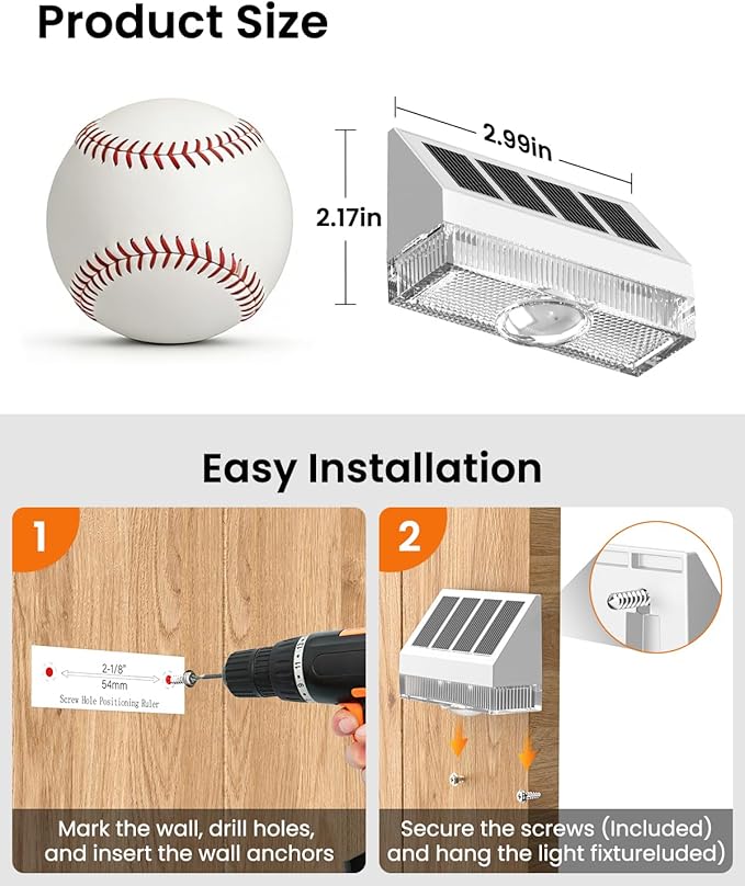 VOLISUN Vinyl Fence Lights 8 Pack, Dusk to Dawn White Solar Lights Outdoor Waterproof with Warm White LED Spot Lens, Solar Light for Fence, Yard, Wall, Backyard, Railing, Deck, and Patio