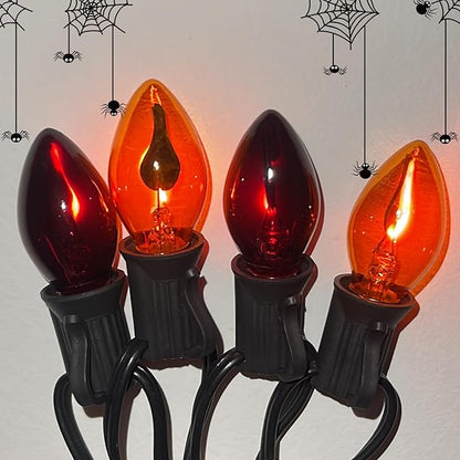 Halloween Flickering String Lights,25Ft C7 Vintage Flame Lights with Orange&Purple Bulbs, Flicker Amber Flame for Outdoor&Indoor Use, Fairy Garden, Yard, Home, Party