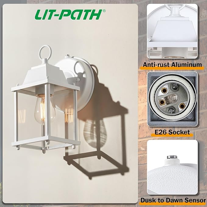 LIT-PaTH Dusk to Dawn Outdoor Wall Lantern, Wall Sconce Waterproof Porch Lighting Fixture, E26 Base, Aluminum | Lumora