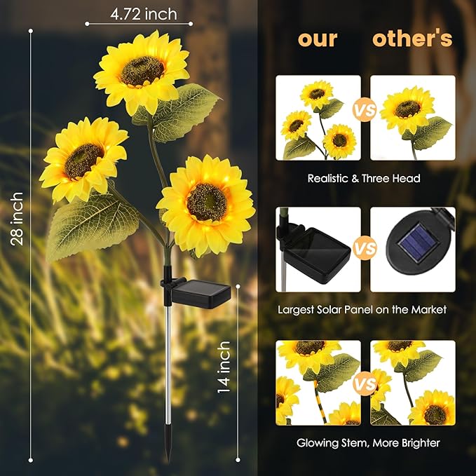 2 Pack Waterproof Solar Sunflower Garden Lights with 3 Stakes, Outdoor Decorative Lighting for Patio & Lawn | Lumora