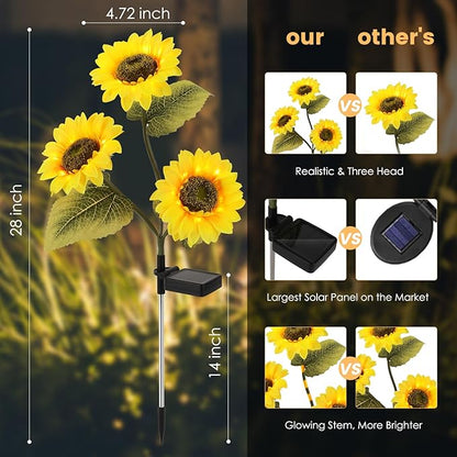 2 Pack Waterproof Solar Sunflower Garden Lights with 3 Stakes, Outdoor Decorative Lighting for Patio & Lawn