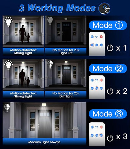 MoKo Motion Sensor Outdoor Lights - 222 LED Super Bright Solar Lights Outdoor with Remote Control & 16.4 Ft Cable 3000mah Waterproof Flood Lights Outdoor for Wall Patio Yard Garage Garden, 3 Pack