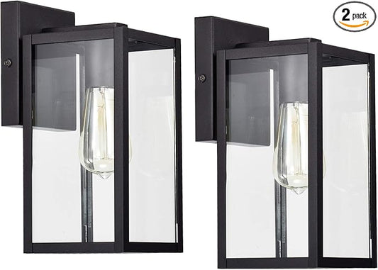 MICSIU 2 Pack Outdoor Light Fixture, 11 Inch Modern Farmhouse Exterior Wall Sconce with Clear Glass, Textured Black Outside Porch Lights for House Garage Patio, E26 Base, ETL Listed