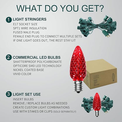 C9 LED Christmas Lights Outdoor 25FT with 25 Pcs(+1 Spare) C9 E17 Base Color Holiday Decor Bulbs for Indoor & Outdoor Use, Connectable, Weatherproof for Roof Decoration