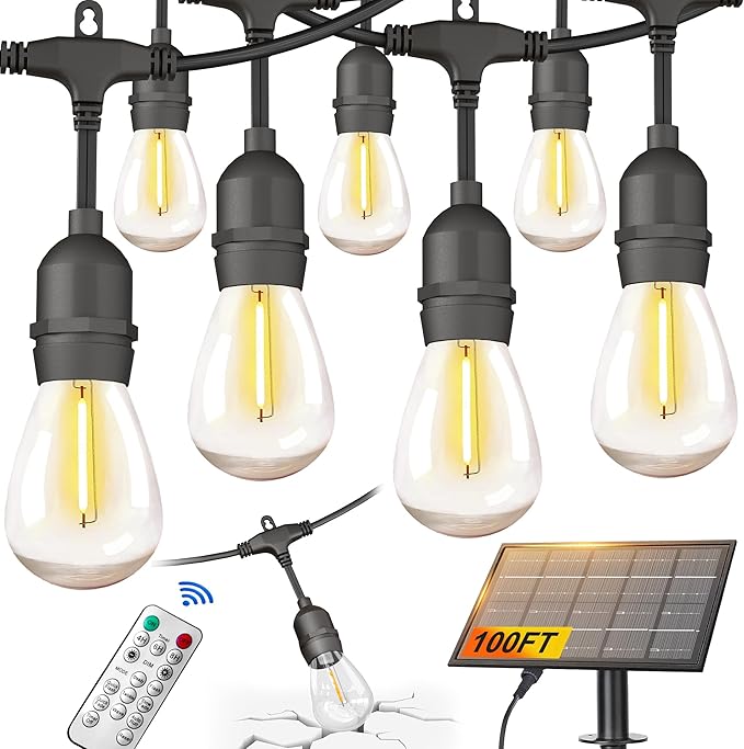 100FT Solar String Lights Outdoor Waterproof with Remote Control Solar Patio Lights 30+2 shatterproof LED E26 S14 | Lumora