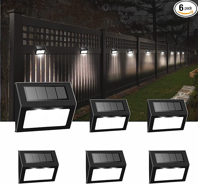 Solar Fence Lights Outdoor, Waterproof Deck Pathway Yard Lamp, Stainless Steel,6 Pack,Black Metal case, White Light