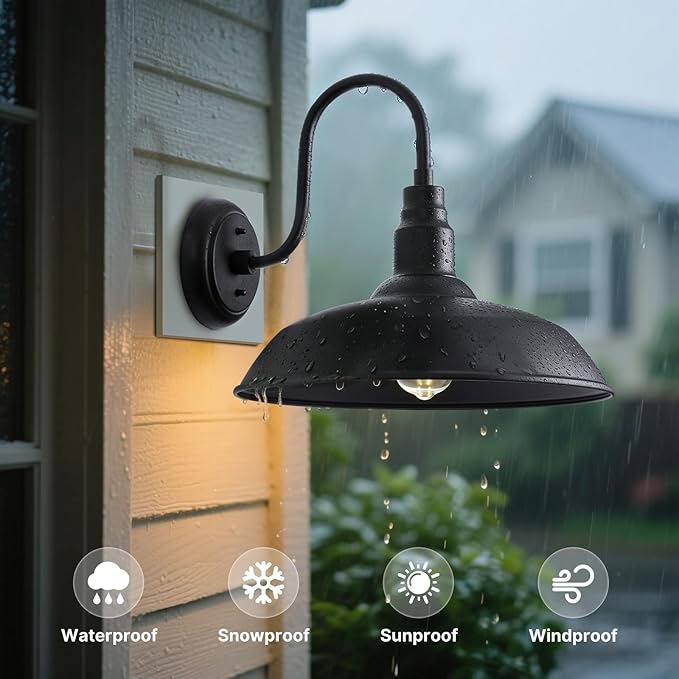 16 Inch Gooseneck Light Fixture for Barn Door, 2 Pack Large Barn Lights for Front Porch, Black Outdoor Farmhouse | Lumora