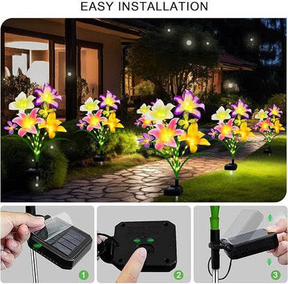 Solar Garden Lights 2 Pack with 8 Lilies Outdoor Decorative Flower Lights for Garden, Gift for Family and Friends, IP65 Waterproof Flower Solar Outdoor Stake Lights for Yard Patio Lawn Pathway