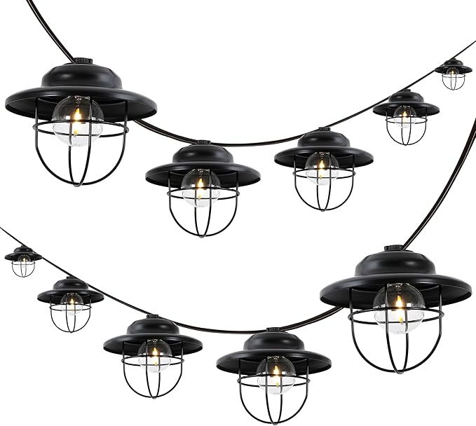 JONATHAN Y JYL8703A-SET2 Indoor Outdoor Rustic Farmhouse LED G40 Metal Cage Shade String Lights Garden Patio Backyard Porch Balcony, 10 ft. 10-Light, Black, Set of 2