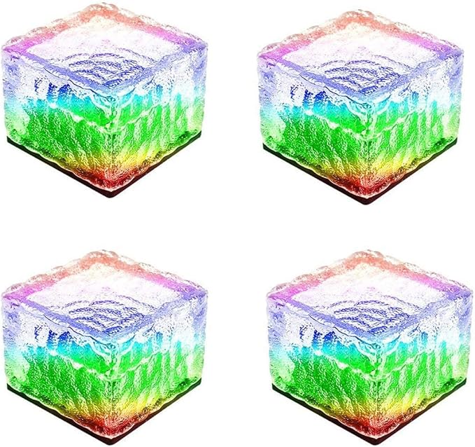 4 Pack Solar Path Ice Cube Lights Outdoor, Waterproof Glass LED Glass Clear Brick in-Groud Buried Festive Light Night Lamp for Garden Courtyard Pathway Patio Pool Pond Decoration(RGB)