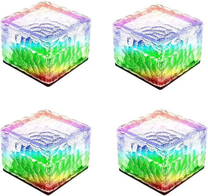 4 Pack Solar Path Ice Cube Lights Outdoor, Waterproof Glass LED Glass Clear Brick in-Groud Buried Festive Light Night Lamp for Garden Courtyard Pathway Patio Pool Pond Decoration(RGB)