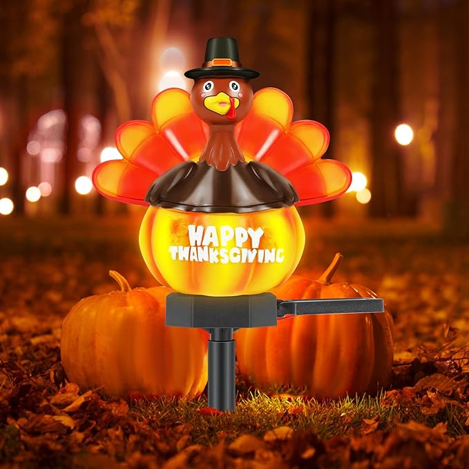 1 Pack Thanksgiving Turkey Pumpkin Solar Lights Outdoor Decoration Hand Painted Turkey Solar Stakes Lights for | Lumora