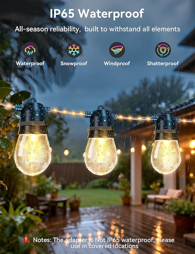 Brightever LED Outdoor String Lights Waterproof, RGBW 48FT Patio Lights with 15 S14 LED Bulbs, Heavy-Duty Outdoor Hanging Lights with Remote and Timer, Color Changing Christmas Decor for Yard, Plug-in