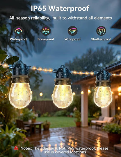 Brightever LED Outdoor String Lights Waterproof, RGBW 48FT Patio Lights with 15 S14 LED Bulbs, Heavy-Duty Outdoor Hanging Lights with Remote and Timer, Color Changing Christmas Decor for Yard, Plug-in