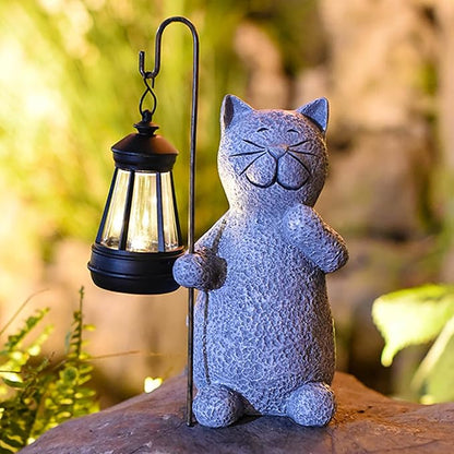 Garden Decor Solar Statue Lights, Outdoor Statues Cat with Solar Lantern, Resin Cats Figurine for Patio Lawn Front Porch Yard Decoration - Housewarming Birthday Gifts for Mom Grandma Women