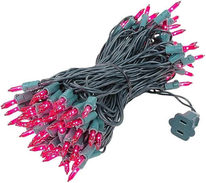 Novelty Lights 50 Feet 100 Bulbs Traditional Incandescent Mini Lights, Pink on Green Wire with 6" Spacing, Commercial Grade and UL Listed for Indoor/Outdoor Use, End-to-End Connectable