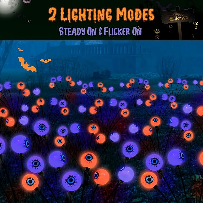 Lewondr Halloween Decorations Outdoor Eyeball Lights, 6 Pack Solar Garden Lights with 2 Modes, Waterproof Firefly Lamps Swaying by Wind for Yard, Pathway, Lawn, Patio, Party, Purple + Orange