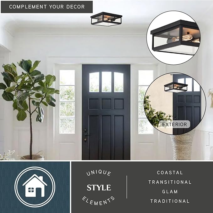 VAXCEL Kinzie Black Outdoor Square Flush Mount Ceiling Light with Clear Glass | Lumora