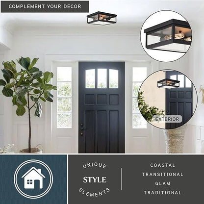 VAXCEL Kinzie Black Outdoor Square Flush Mount Ceiling Light with Clear Glass
