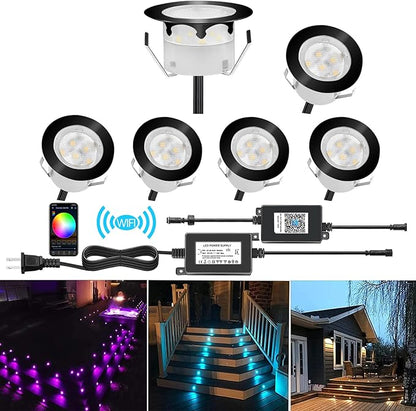 Smart LED Deck Lights Kit WiFi Controlled Color Changeable,Φ1.38“Outdoor IP67 Waterproof Low Voltage Step Lights In-Ground Lighting,Works with Samrt Phone,Alexa, Google Home(Black Border,6pack)