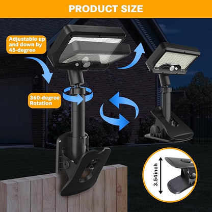 Pacify Clip On Solar Lights Outdoor with Motion Sensor, 92 LEDs 600LM Solar Fence Lights IP65 Waterproof, Adjustable Security Lights for Gutter Deck Yard (2 Pack with Remote Control Adjusts 3 Colors)