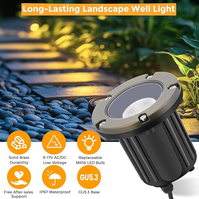 Gardencoin Brass Low Voltage Landscape Well Lights (5" Cover, 5.5" Tall), 12V LED Wired In-Ground Outdoor Up | Lumora