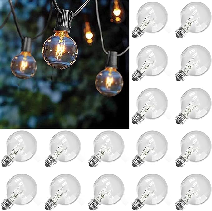 25Ft G40 Outdoor String Lights with 25 Clear Vintage Light Bulbs and 25 Pack G40 Replacement Light Bulbs, C7/E12 Screw Base, 5W Black Wire