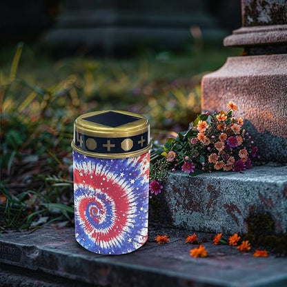 Cemetery Solar Lights Tie-Dye American Flag Solar Stake Lights Decorative for Grave Yard Patio Outdoor